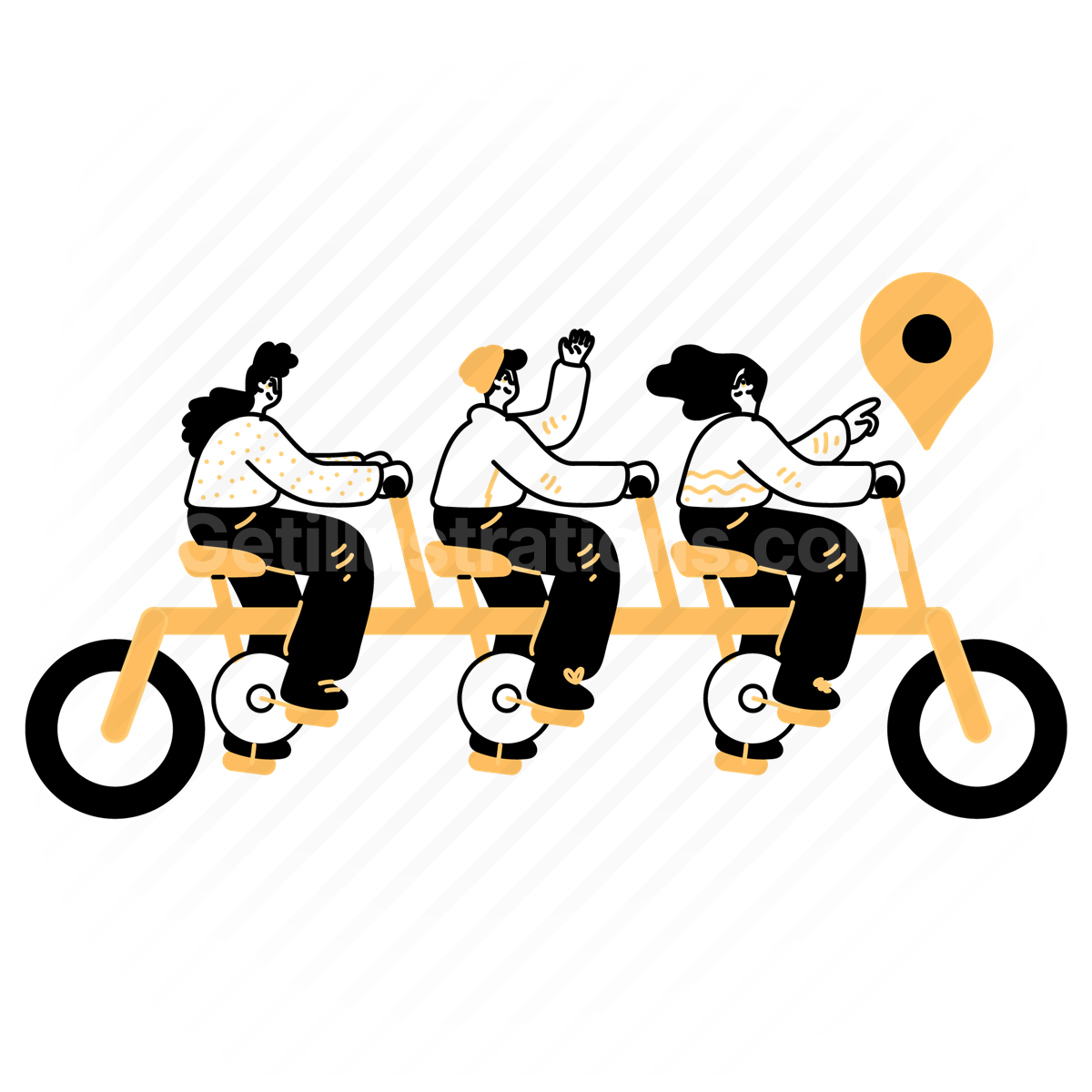 pin, marker, bicycle, transport, destination, location, teamwork, team, people